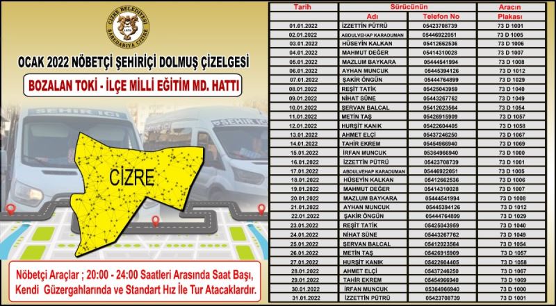 İlçemizde Ocak Ayı Nöbetçi Dolmuş Çizelgesi