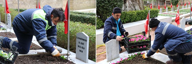 Kar yağışı sonrası şehitlerimizin çiçekleri bakımsız kalmadı