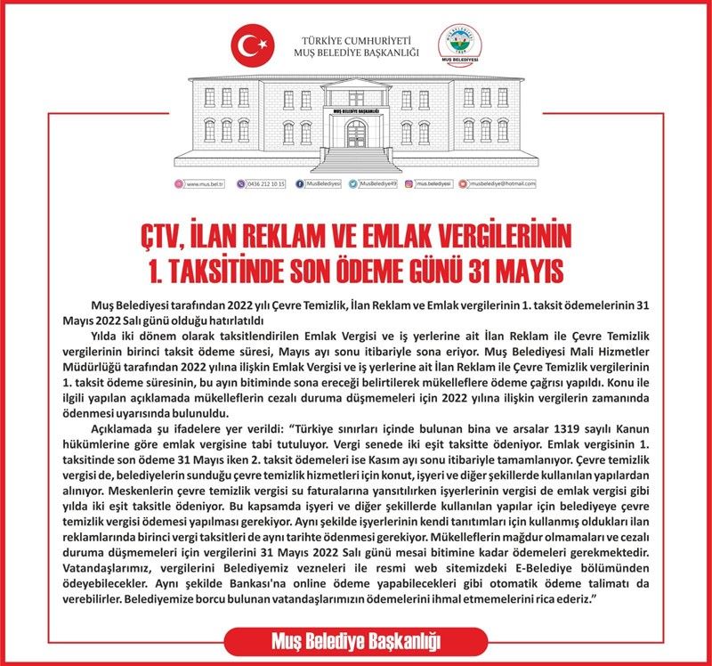 ÇTV, İLAN REKLAM VE EMLAK VERGİLERİNİN 1. TAKSİTİNDE SON ÖDEME GÜNÜ 31 MAYIS
