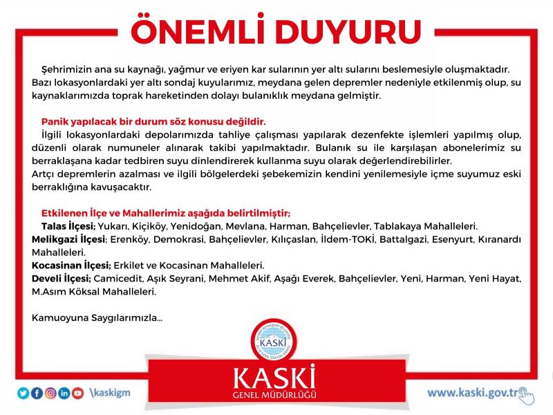 KASKİ’den Önemli Duyuru!