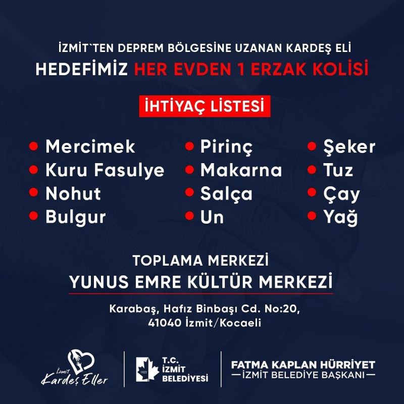 İZMİT’TEN DEPREM BÖLGESİNE KARDEŞ ELİ UZANIYOR