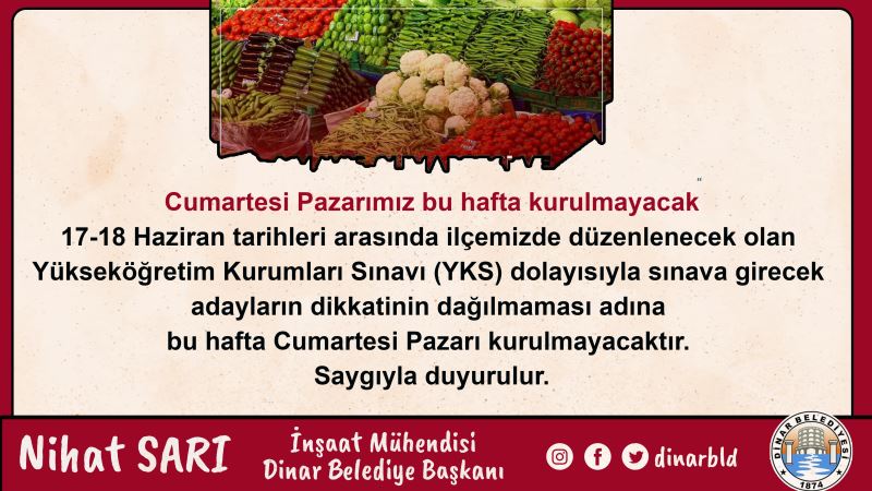 Cumartesi Pazarımız bu hafta kurulmayacak