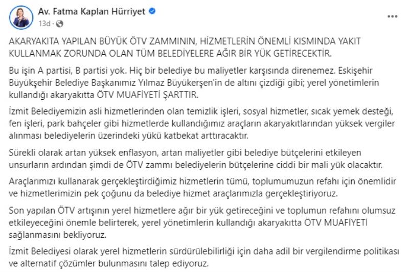 BAŞKAN HÜRRİYET’TEN ÖTV ZAMMINA TEPKİ: YEREL YÖNETİMLERDE ÖTV MUAFİYETİ ŞART!