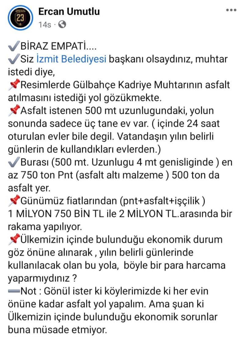 ERCAN UMUTLU,  “HÜRRİYET’E HAKARET EDEN MUHTAR,  KULLANILMAYAN EVİN ÖNÜNE 2 MİLYONLUK ASFALT İSTEDİ