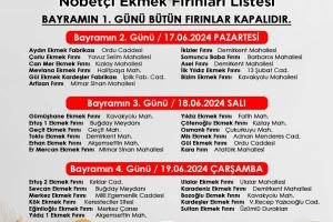 Kurban Bayramı Nöbetçi Ekmek Fırınları Listesi 2024