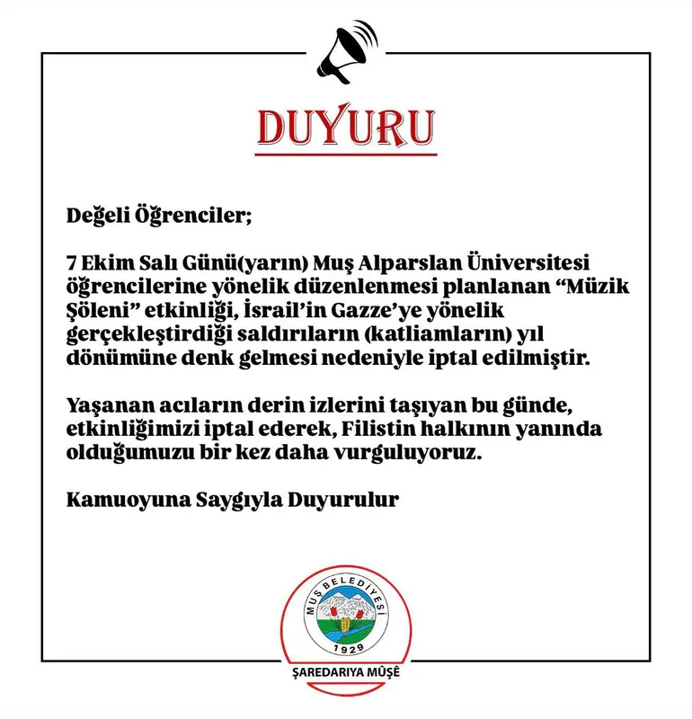 Muş Alparslan Üniversitesi Müzik Şöleni İptal Edildi