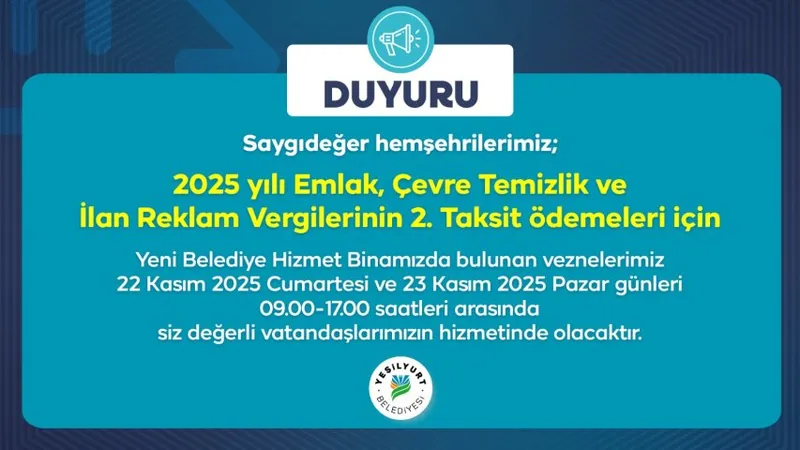 Yeşilyurt Belediyesi Hafta Sonu Vezne Hizmeti Başlatıyor