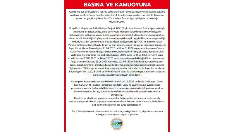 Sinop Belediyesi, Kent Meydanı Projesi Sürecini Açıkladı