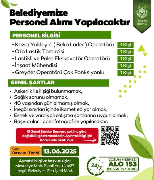 İnegöl Belediyesi 5 Farklı Alanda Personel Alımı Yapacak
