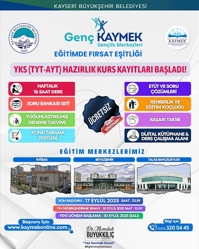 Kayseri Büyükşehir’den Gençliğe Güçlü Destek: Ücretsiz YKS Kurs Kayıtları Başladı